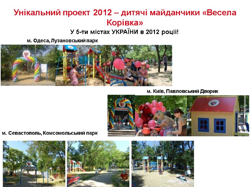 Унікальний проект 2012 – дитячі майданчики «Весела Корівка» У 5-ти містах УКРАЇНИ в 2012